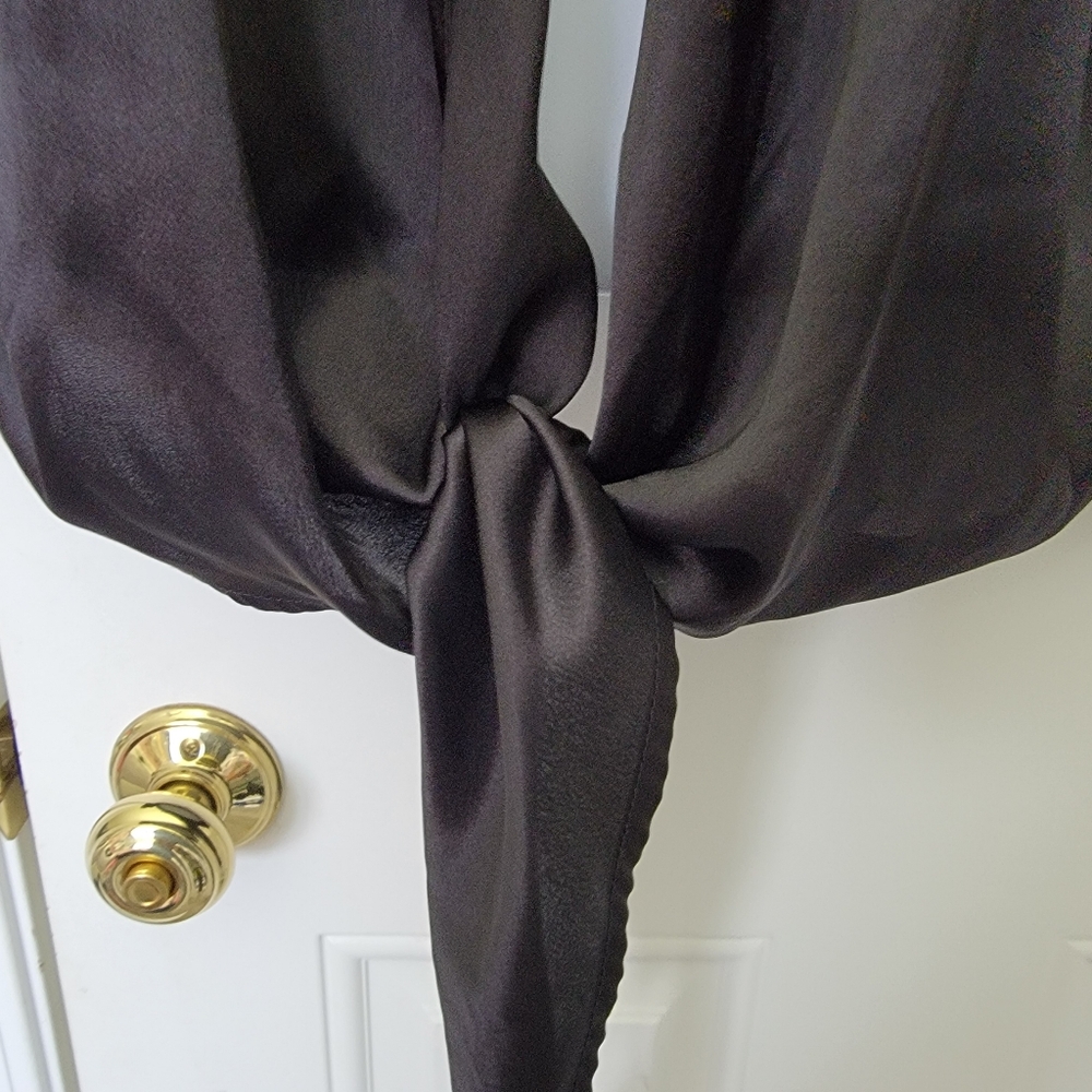 Urban Outfitters Black Satin Tie Front Nicole Blouse Flare Sleeve Deep V Size S - Picture 7 of 14